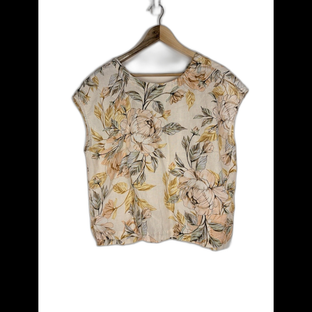 Nicole Miller 100% Linen Floral Sleeveless Shirt Women Large Button Back Garden